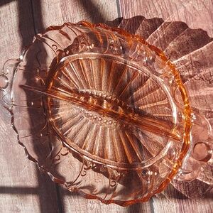 Vintage Pink Depression Glass Divided Serving Platter Tray Dish with Handles